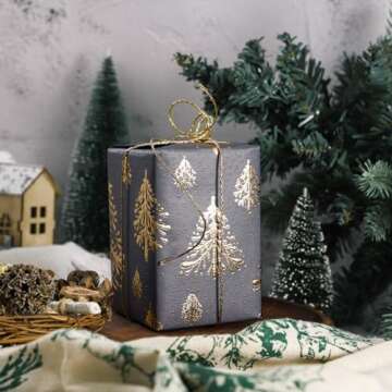 WRAPAHOLIC 3D Kraft Christmas Wrapping Paper Roll - Mini Roll - 17 Inch x 16.5 Feet - Gold and Dark Grey Christmas Tree Design with Embossed Perfect for Holiday, Party Celebration