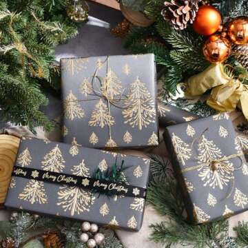 WRAPAHOLIC 3D Kraft Christmas Wrapping Paper Roll - Mini Roll - 17 Inch x 16.5 Feet - Gold and Dark Grey Christmas Tree Design with Embossed Perfect for Holiday, Party Celebration