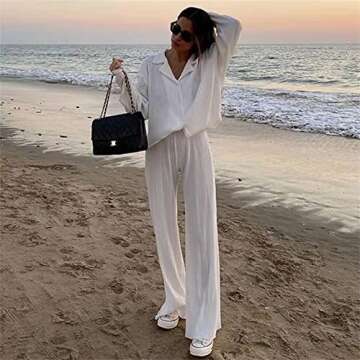NUFIWI Women Pleated 2 Piece Pants Outfits Casual Loose Button Shirt Blouse Top Long Wide Leg Palazzo Pants Set Jumpsuit(Casual White,L)