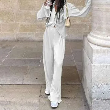NUFIWI Women Pleated 2 Piece Pants Outfits Casual Loose Button Shirt Blouse Top Long Wide Leg Palazzo Pants Set Jumpsuit(Casual White,L)