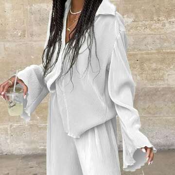 NUFIWI Women Pleated 2 Piece Pants Outfits Casual Loose Button Shirt Blouse Top Long Wide Leg Palazzo Pants Set Jumpsuit(Casual White,L)