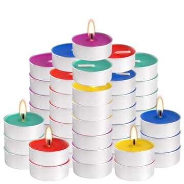 Unscented Assorted Colors Tea Lights Candle Set of 50, Smokeless Clean-Burning Small Votive Tealights Candles Bulk, Great for Home Decor, Anniversaries, Dinner, 4+ Hours