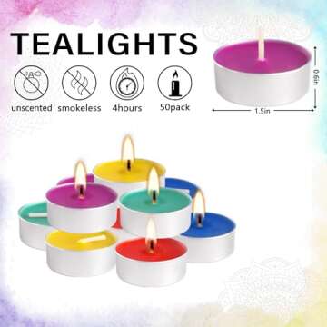 Unscented Assorted Colors Tea Lights Candle Set of 50, Smokeless Clean-Burning Small Votive Tealights Candles Bulk, Great for Home Decor, Anniversaries, Dinner, 4+ Hours