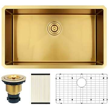 Elegant Lonsince Gold Undermount Kitchen Sink 30x18 inch, Durable Stainless Steel Construction