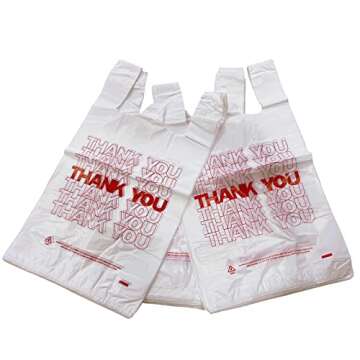 TashiBox Plastic bags with handles，thank you bags，Measures 11.5" X 6.25" X 21", 15mic, 0.6 Mil (...