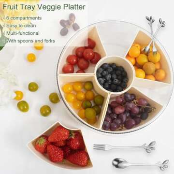 SanerCraft Rotating Snackle Box Container, Divided Fruit and Snack Tray with lid and Handle, Spinning Snack Container Veggie Platter for Parties, Picnics, Camping...