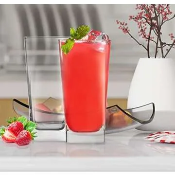 Highball Glasses [Set of 4] + 4 Stainless Steel Straws, 16 oz Lead-Free Crystal Clear Glass, Elegant Drinking Cups for Water, Wine, Beer, Cocktails and Mixed Drinks - Round Top, Square Bottom