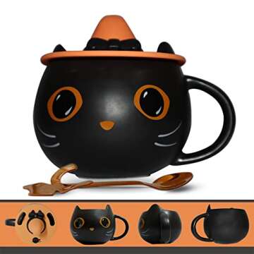 Brewish Cat Mug for Kitty Lovers | Cute Cup with a Witch Hat Lid & an Adorable Spoon | Ceramic Coffe...