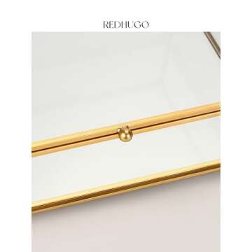 REDHUGO Large Glass Display Case Handmade, Mirrored Bottom Glass Boxes for Display, Glass Jewelry Box with Lid, Trinket Box Book Photo Box Keepsake Organizer for Vanity Decor Home Dresser, Gold