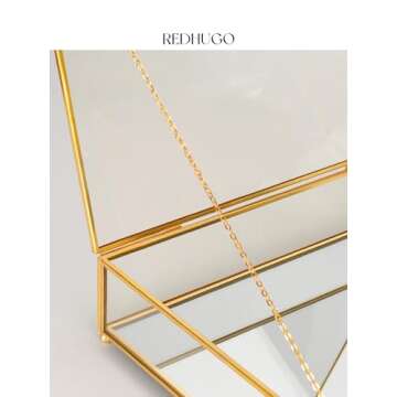 REDHUGO Large Glass Display Case Handmade, Mirrored Bottom Glass Boxes for Display, Glass Jewelry Box with Lid, Trinket Box Book Photo Box Keepsake Organizer for Vanity Decor Home Dresser, Gold