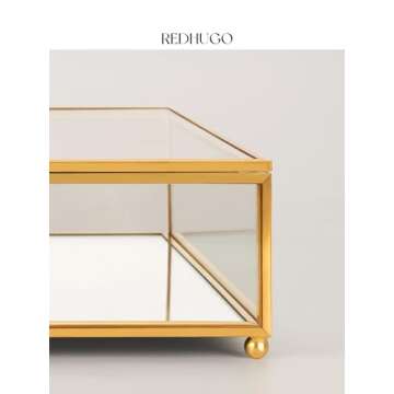REDHUGO Large Glass Display Case Handmade, Mirrored Bottom Glass Boxes for Display, Glass Jewelry Box with Lid, Trinket Box Book Photo Box Keepsake Organizer for Vanity Decor Home Dresser, Gold
