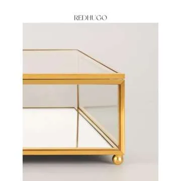 REDHUGO Large Glass Display Case Handmade, Mirrored Bottom Glass Boxes for Display, Glass Jewelry Box with Lid, Trinket Box Book Photo Box Keepsake Organizer for Vanity Decor Home Dresser, Gold