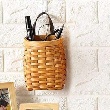 hanging wicker basket Hand-Woven Wood Storage Basket Portable Wall Hanging Flower Basket Organizer Fruit Vegetable Rattan Box Home Decoration Height 6.1in