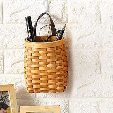 hanging wicker basket Hand-Woven Wood Storage Basket Portable Wall Hanging Flower Basket Organizer Fruit Vegetable Rattan Box Home Decoration Height 6.1in