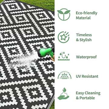 GENIMO Outdoor Rug for Patio Clearance,6'x9' Waterproof Mat,Reversible Plastic Camping Rugs,Rv,Deck,Porch,Camper,Balcony,Backyard,Black & White