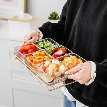 6 Clear Glass Serving Bowls Set with Gold Metal Rack Tray, Removable Condiment Dishes Serving Bowls ...
