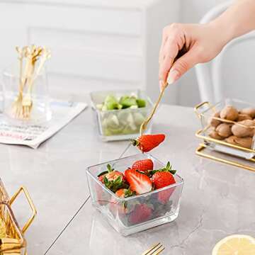 6 Clear Glass Serving Bowls Set with Gold Metal Rack Tray, Removable Condiment Dishes Serving Bowls Buffet Server Food Display Relish Tray for Fruit Dessert Appetizer Nuts Snacks Candy Chip Dip Bowl