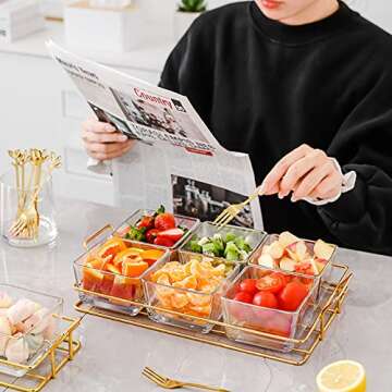 6 Clear Glass Serving Bowls Set with Gold Metal Rack Tray, Removable Condiment Dishes Serving Bowls Buffet Server Food Display Relish Tray for Fruit Dessert Appetizer Nuts Snacks Candy Chip Dip Bowl