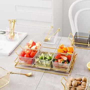 6 Clear Glass Serving Bowls Set with Gold Metal Rack Tray, Removable Condiment Dishes Serving Bowls Buffet Server Food Display Relish Tray for Fruit Dessert Appetizer Nuts Snacks Candy Chip Dip Bowl