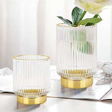 DASITON Makeup Brush holder Organizer,Crystal Cosmetic Makeup Brush Glass Brushes Storage Holder, Vintage Make Up Brush Cup Pen Pencil Holder striped vase(Clear S+L)