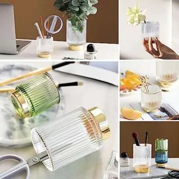 DASITON Makeup Brush holder Organizer,Crystal Cosmetic Makeup Brush Glass Brushes Storage Holder, Vintage Make Up Brush Cup Pen Pencil Holder striped vase(Clear S+L)