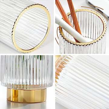 DASITON Makeup Brush holder Organizer,Crystal Cosmetic Makeup Brush Glass Brushes Storage Holder, Vintage Make Up Brush Cup Pen Pencil Holder striped vase(Clear S+L)