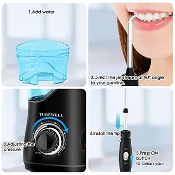 TUREWELL FC162 Water Dental Flosser for Teeth/Braces,10 Pressure Levels, 8 Water Jet Tips for Family, 600ML Electric Water Dental Oral Irrigator for Teeth-Clean (Black)
