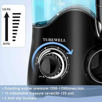 TUREWELL FC162 Water Dental Flosser for Teeth/Braces,10 Pressure Levels, 8 Water Jet Tips for Family, 600ML Electric Water Dental Oral Irrigator for Teeth-Clean (Black)