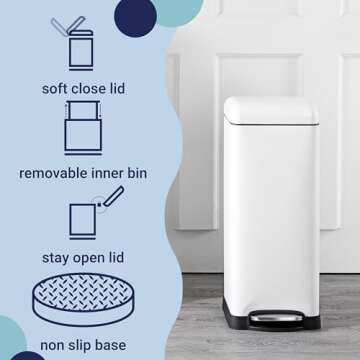 happimess HPM1007A Betty Retro 8-Gallon Step-Open Trash Can with Soft-Close Lid, Fingerprint Resistant, Modern, Minimalistic for Home, Kitchen, Laundry Room, Office, Bedroom, Bathroom, White