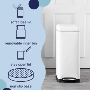 happimess HPM1007A Betty Retro 8-Gallon Step-Open Trash Can with Soft-Close Lid, Fingerprint Resistant, Modern, Minimalistic for Home, Kitchen, Laundry Room, Office, Bedroom, Bathroom, White
