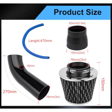 NOTETOUPT Cool Air Intake Kit, 3" Universal Car Cool Air Intake Pipe Aluminium Automotive Filter Induction Flow Hose Pipe Kit (Black)