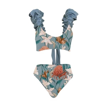IDOPIP Women's Two Piece Swimsuit with Cover up Beach Skirt Floral Printed Swimsuit Bathing Suit Ruffle Monokini Swimwear Wrap Sarong Coverups 3 Pieces Bikini Set Beachwear Blue Floral 3PCS S