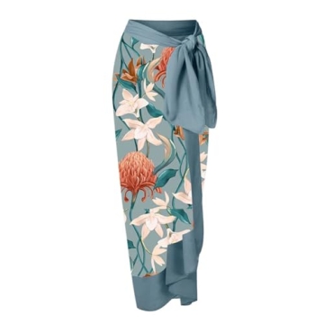 IDOPIP Women's Two Piece Swimsuit with Cover up Beach Skirt Floral Printed Swimsuit Bathing Suit Ruffle Monokini Swimwear Wrap Sarong Coverups 3 Pieces Bikini Set Beachwear Blue Floral 3PCS S