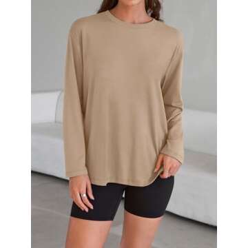 Trendy Queen Womens Oversized Long Sleeve T Shirts 2025 Basic Crewneck Tee Fall Tops Casual Workout Y2K Clothes Khaki S