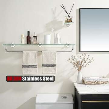 JQK Bathroom Glass Shelf, Shelf with 29 Inch Towel Bar Tempered Glass Shower Storage 30 by 5 inches,...