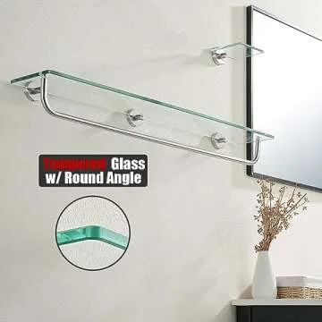 JQK Bathroom Glass Shelf, Shelf with 29 Inch Towel Bar Tempered Glass Shower Storage 30 by 5 inches, 304 Stainless Steel Brushed Finish Wall Mount, TGS100L30-BN