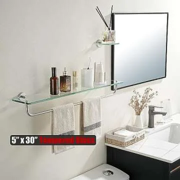 JQK Bathroom Glass Shelf, Shelf with 29 Inch Towel Bar Tempered Glass Shower Storage 30 by 5 inches, 304 Stainless Steel Brushed Finish Wall Mount, TGS100L30-BN