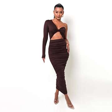 XLLAIS Sexy Ruched Long Dress for Women One Shoulder Tight Stretchy Bodycon Cut Out Dresses Party Ou...