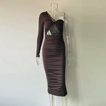 XLLAIS Sexy Ruched Long Dress for Women One Shoulder Tight Stretchy Bodycon Cut Out Dresses Party Outfits (Brown Large)