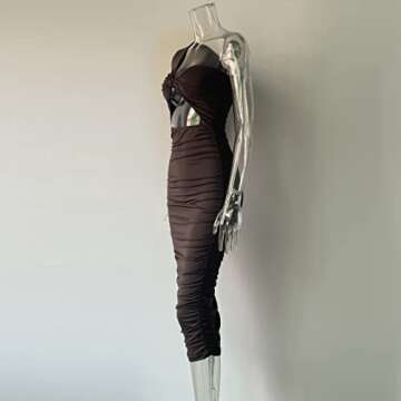 XLLAIS Sexy Ruched Long Dress for Women One Shoulder Tight Stretchy Bodycon Cut Out Dresses Party Outfits (Brown Large)