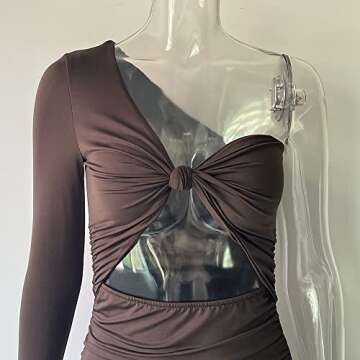 XLLAIS Sexy Ruched Long Dress for Women One Shoulder Tight Stretchy Bodycon Cut Out Dresses Party Outfits (Brown Large)