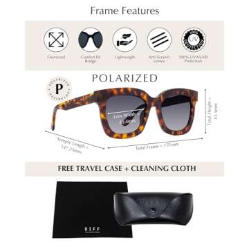 DIFF Carson Designer Square Oversized Sunglasses for Women UV400 Polarized Protection, Tortoise tren...