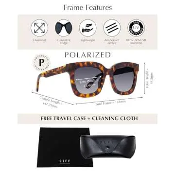 DIFF Carson Designer Square Oversized Sunglasses: Tortoise Fashion Frames with UV400 Protection