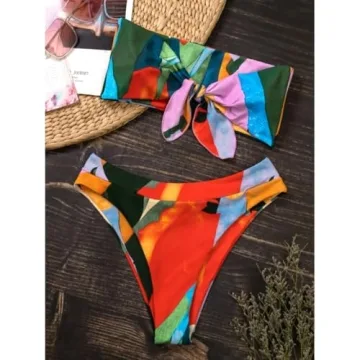 Flattering SheIn Graphic Tie Front Swimsuit Set Red