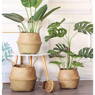 DOKOT Seagrass Plant Basket with Handles, Woven Storage Basket, 7inch Diameter x 8inch Height