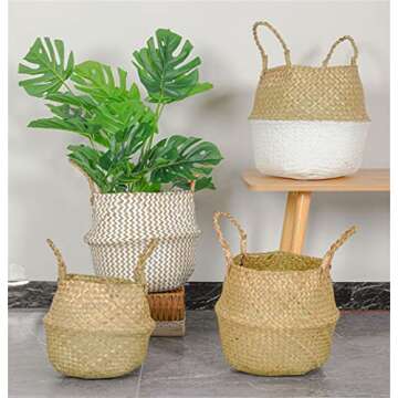 DOKOT Seagrass Plant Basket with Handles, Woven Storage Basket, 7inch Diameter x 8inch Height
