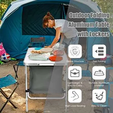 Goplus Folding Camping Table with Storage, Aluminum Outdoor Camp Table with 2-Level Adjustable Height, Lightweight Portable Foldable Picnic Table for Tailgating Beach BBQ Party RV