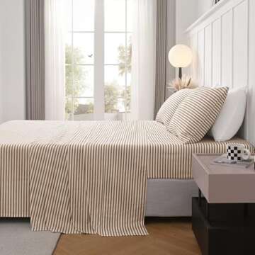JELLYMONI Striped Sheets Set Queen Size, 4 Pieces 100% Cotton Bed Sheets - 16" Deep Pockets Fitted F...