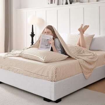 JELLYMONI Striped Sheets Set Queen Size, 4 Pieces 100% Cotton Bed Sheets - 16" Deep Pockets Fitted Flat Sheet & Pillowcase Bedding Set, Ultra-Soft, Machine Washable