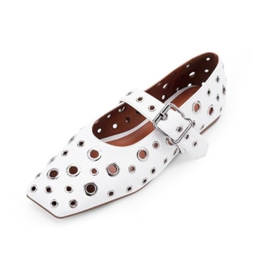 Odetina Women's Ballet Flats – Chic Metal Eyelet Buckle Shoes (White, 7)